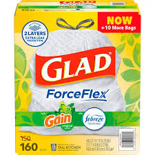 Glad ForceFlex 13-Gallon Kitchen Trash Bags, Gain Original Scent + Febreze, 160 ct.