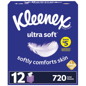 Kleenex Ultra Soft 3-Ply Facial Tissues, Cube Boxes (60 tissues/box, 12 boxes)