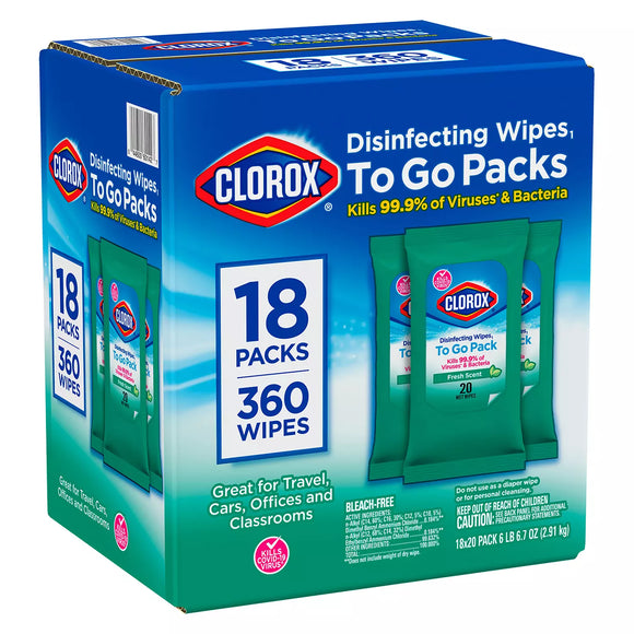 Clorox Disinfecting Bleach Free On The Go Wipes, Fresh Scent (20 wipes/pk., 18 pk.)