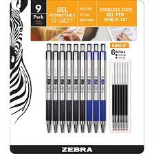 Zebra G-301 Steel Retractable Gel Pen with 0.7mm Medium Point, 9 per Pack with 6 Refills - Black